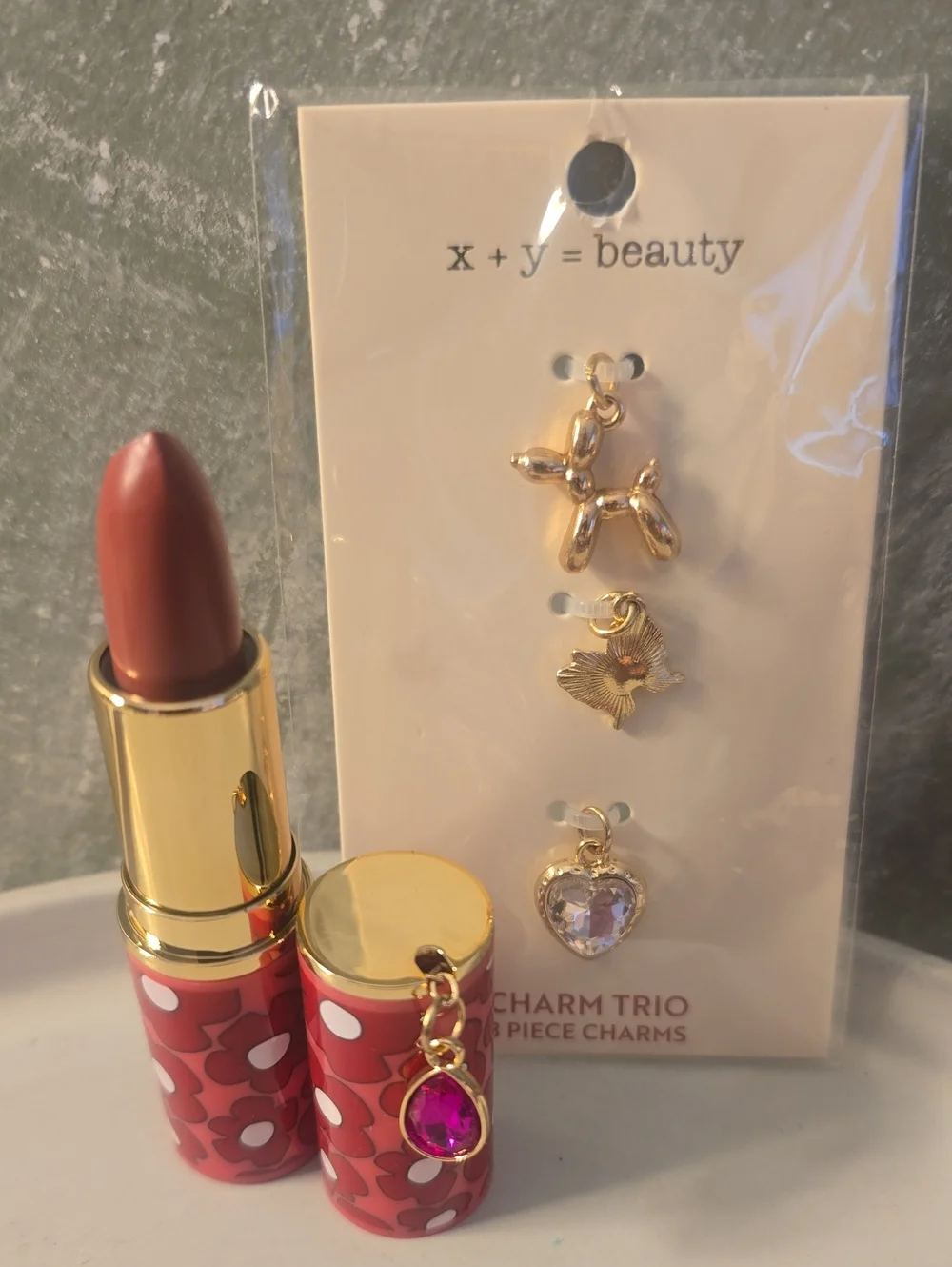Gold Charm Trio & Blush Bloom Lipstick Charm New